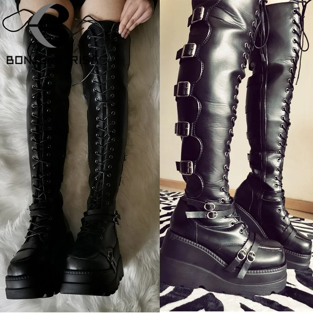 Big Size 43 INS brand lady punk thigh high boots platform buckle wedges thick bottom women boots stylish cool street shoes woman