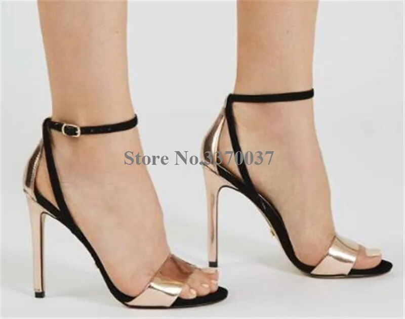 VCSHOES Open Toe Black Gold Patchwork Stiletto Heel Sandals Ankle Strap High Heel Sandals Dress Shoes