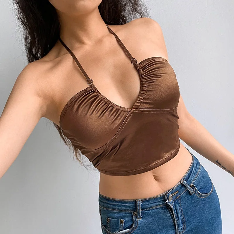 HEYounGIRL Sexy Strappy Brown Halter Crop Top Women Summer Backless Cami Tops Tees Ladies Fashion Fitness Camisole Party