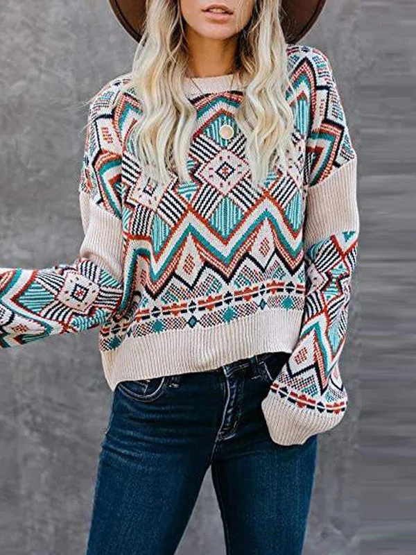 Women's Floral Long Sleeve Floral Printed Knit Sweater Tops