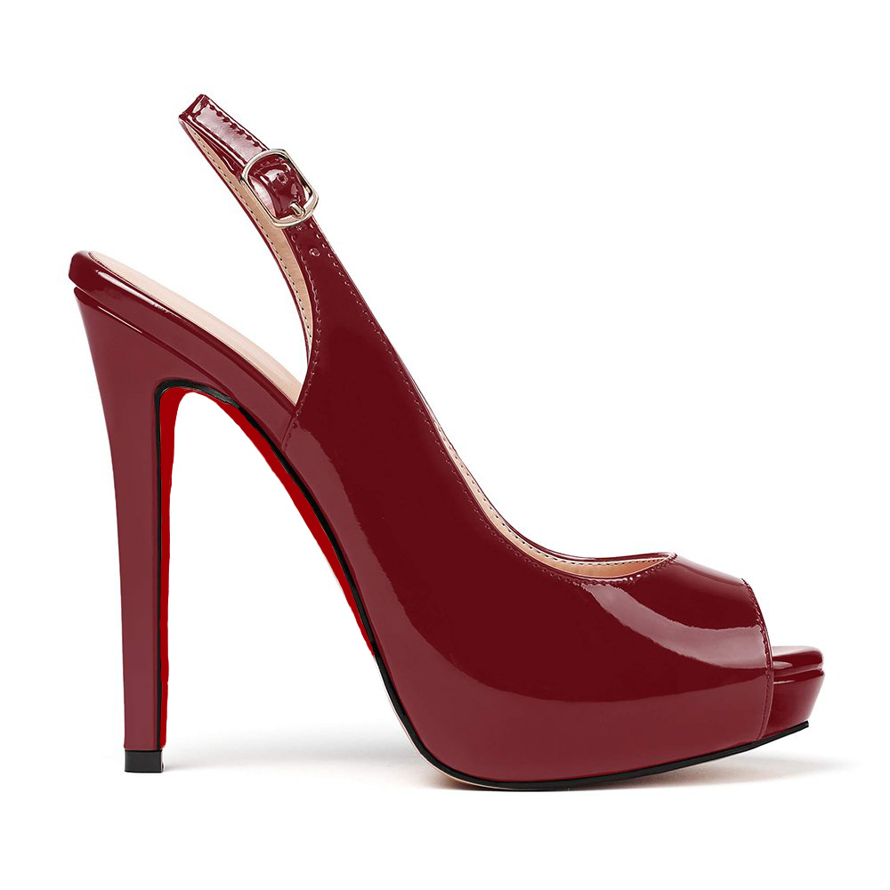 120mm Red Bottom Strap Slingback Sandals Peep Toe Platform Stilettos Wine Patent Heels-MERUMOTE