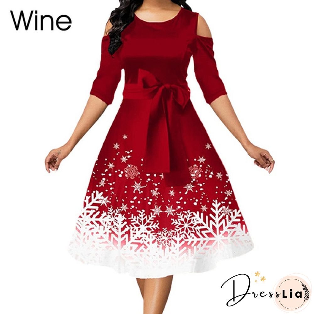 Women Fashion Belted Snowflake Print Christmas Dress Cold Shoulder Round Neck Party Dress Plus Size A-Line Dresses