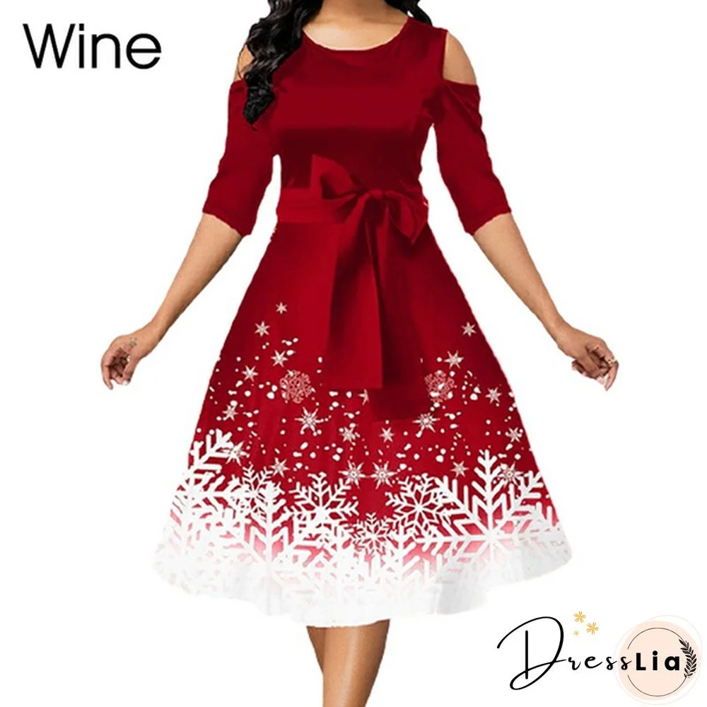 Women Fashion Belted Snowflake Print Christmas Dress Cold Shoulder Round Neck Party Dress Plus Size A-Line Dresses
