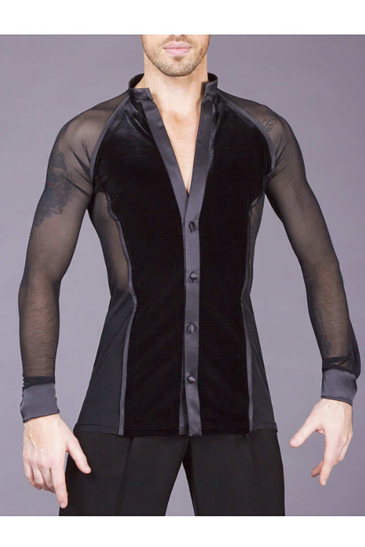 Ciciful Men's Casual Mesh See-Through Patchwork Stand-Up Collar Shirt