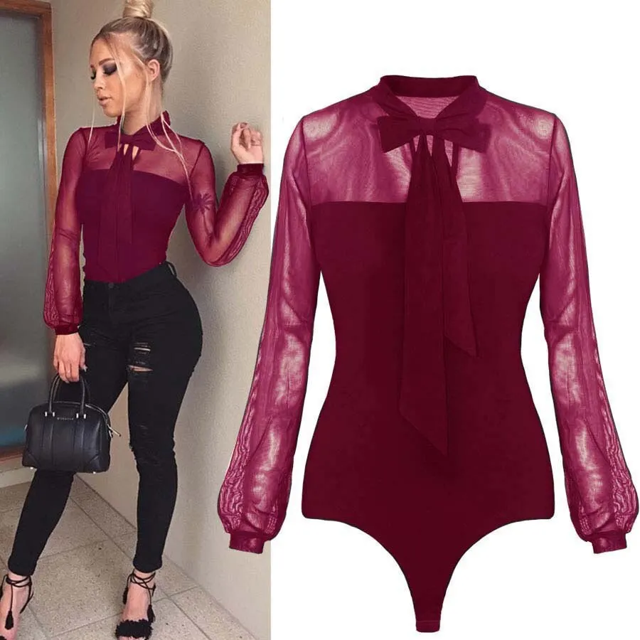 Mesh Bodysuits Long Sleeve Elegant O Neck Solid Lace Up Slim Skinny Ladies Sexy Club Party  Fashion Leotard Rompers womens tops