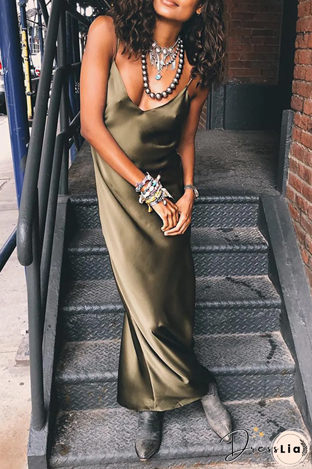 Fashion Casual Solid Split Joint Slit V Neck A Line Dresses  (Without Belt)