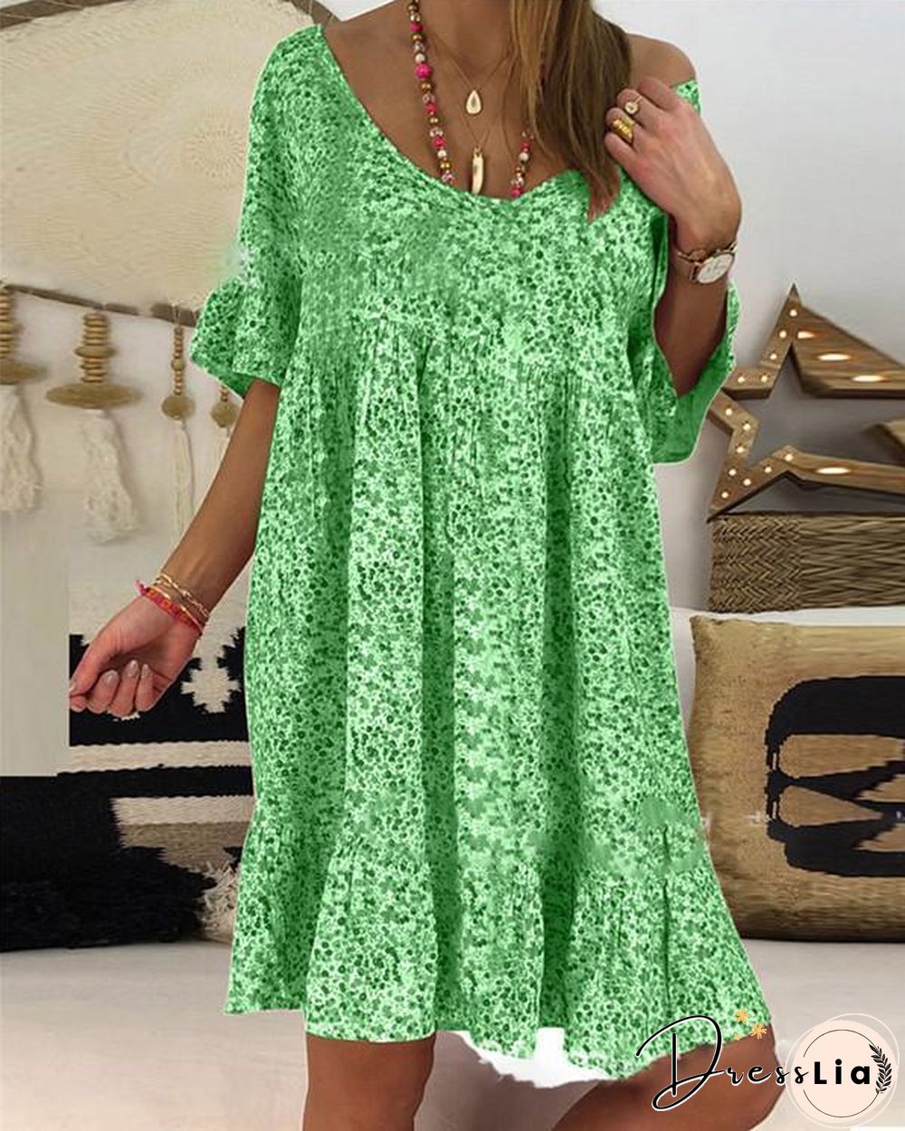 Casual Floral Printed Crew Neck Short Sleeve Plus Size Dress