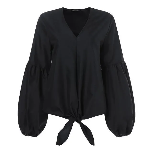 Women Stylish Tops Elegant Office Work Shirts Long Lantern Sleeve Sexy V-Neck Casual Bow