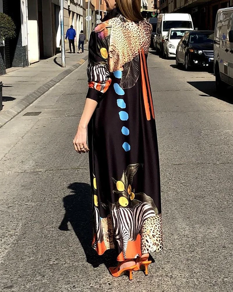 Stylish Long Sleeve Printed Shirt Dress