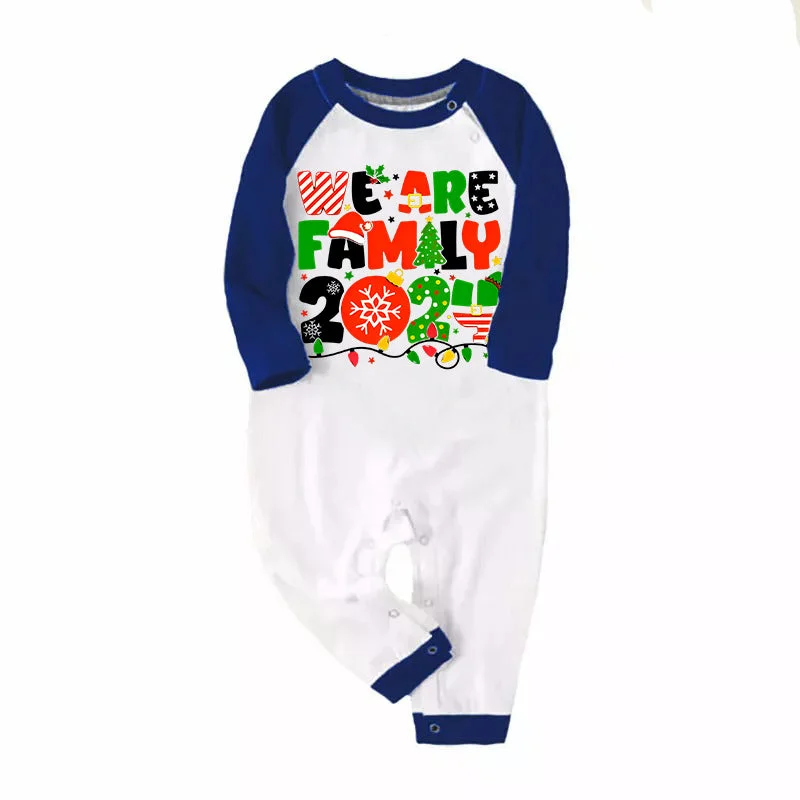 Christmas "We are Family" Colorful Multi-Element Letter Print Blue & Black Plaid Family Matching White Pajamas With Dog