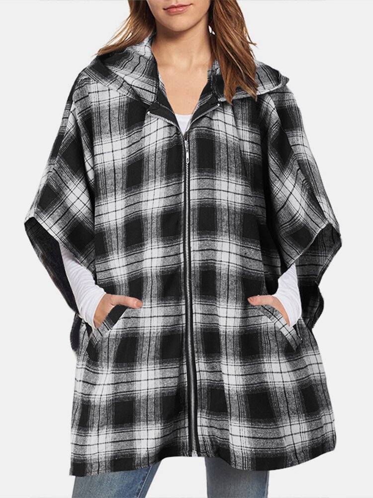 Plaid Print Zipper Pocket Half Sleeve Casual Coat for Women