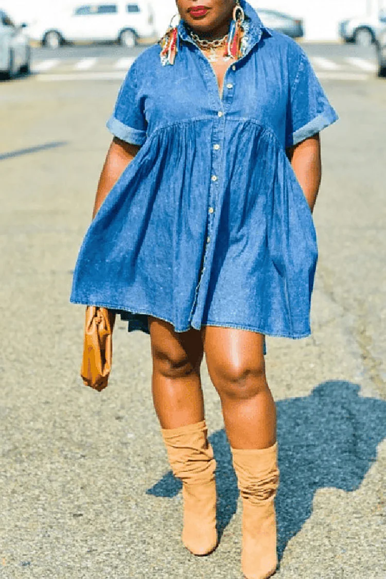 Plus Size Blue Daily Short Sleeve Pleated Button Loose Denim Mini Dresses [Pre-Order]