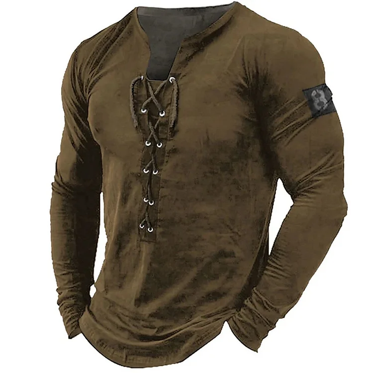 BrosWear Retro Strappy Khaki Casual Long Sleeve T-Shirt