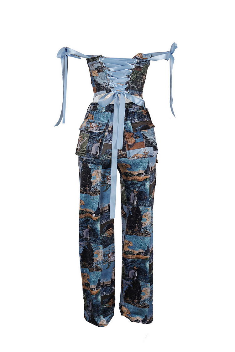 Oil Painting Print Draped Tie Up Straps Bodysuit Pockets Pants 2pcs Set-Blue