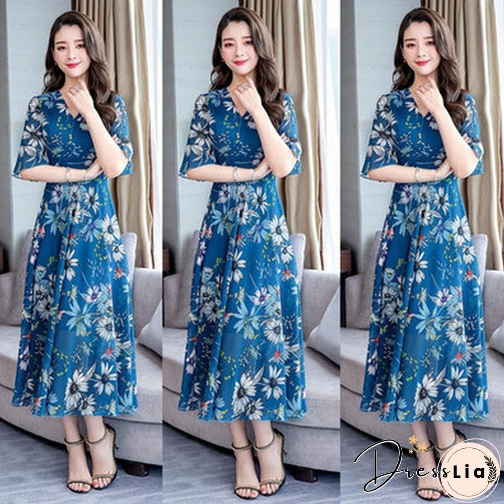 Fashion Floral Print Slim A-Line Dress Elegant Ladies Long Dress Women V-Neck Short Sleeve Chiffon Party Dresses