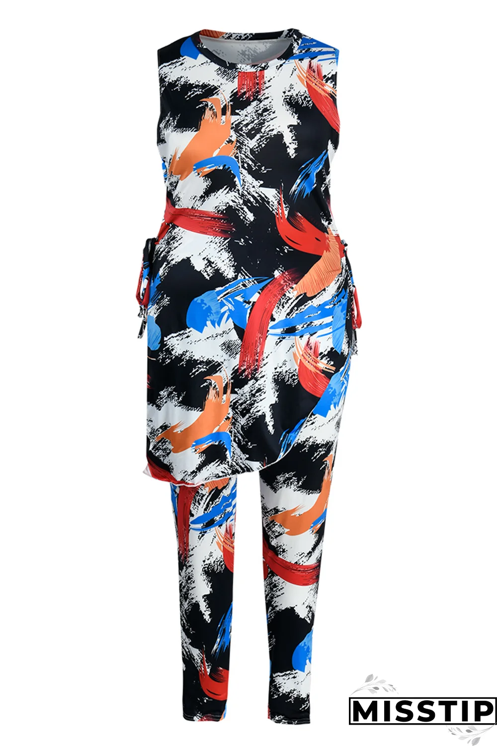 Black White Fashion Print Draw String O Neck Plus Size Two Pieces