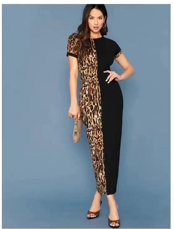 Leopard Print Short-sleeved Sheath Dress Long Patchwork Slim
