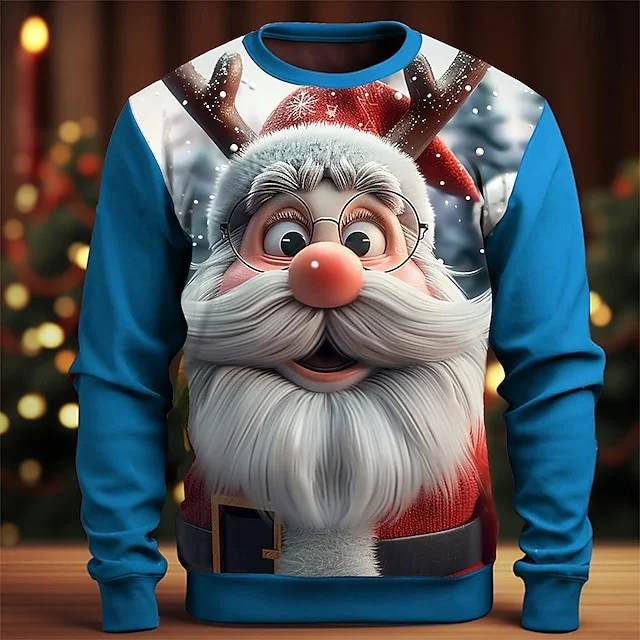 Men's Santa Claus 3D Print Christmas Cartoon Crew Neck Long Sleeve Sweatshirts