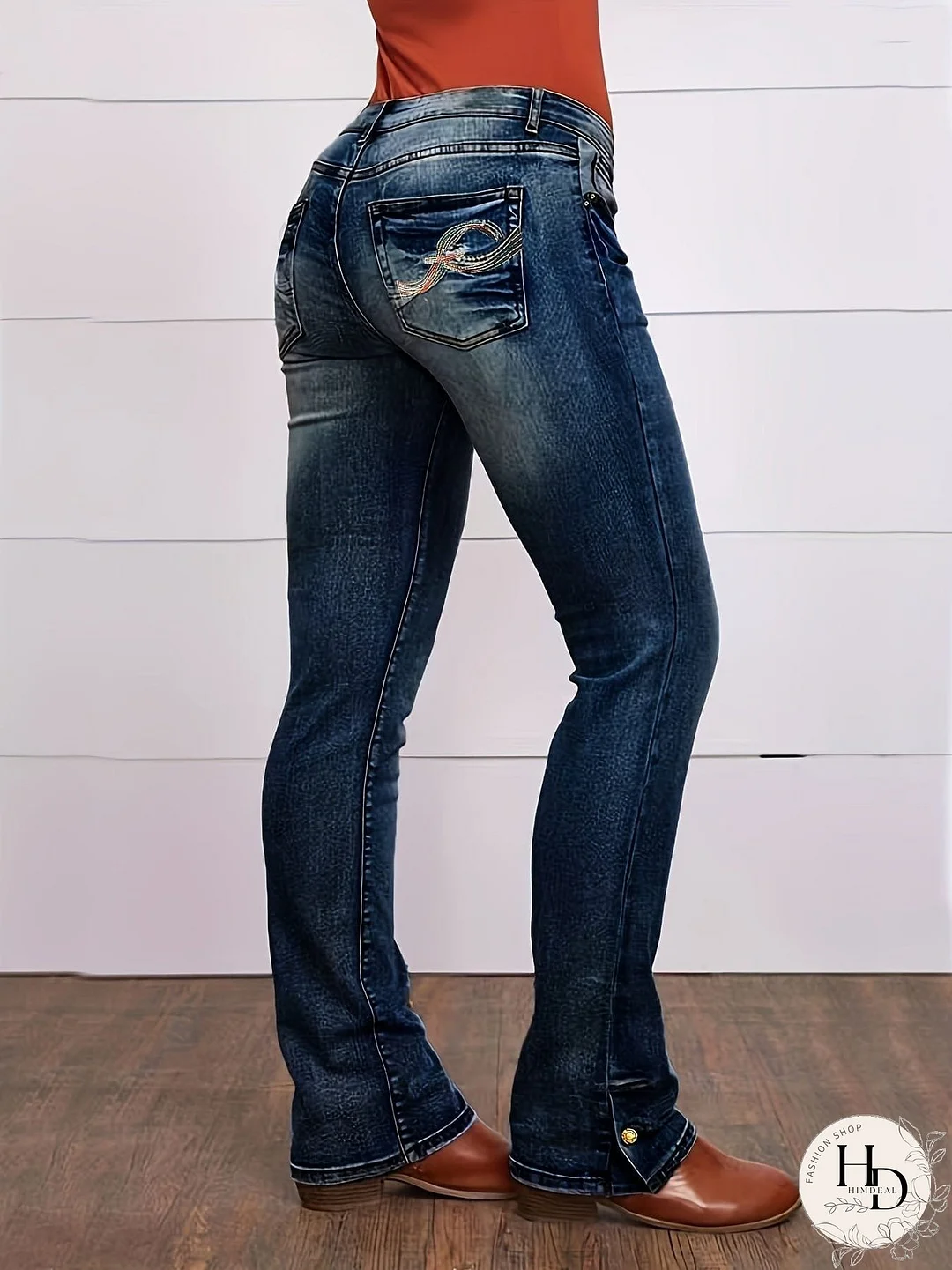 Vintage Embroidered Patchwork Bootcut Button Side Split Denim Jeans