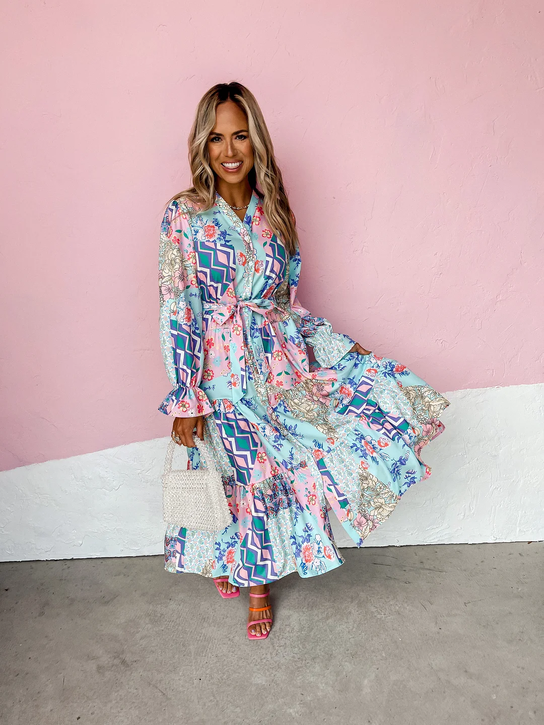 Say You Will Mixed Print Tiered Midi Dress