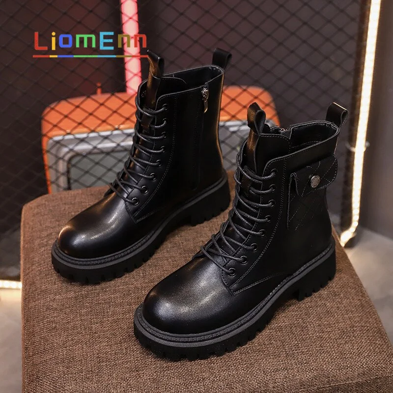 Women's Motorcycle Boots Punk Gothic White Black Ankle Boots Female PU Leather Lace Up Combat Platform Shoes Ladies Designer