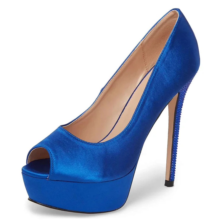 Blue Satin Peep Toe Platform Heels Pumps |FSJ Shoes