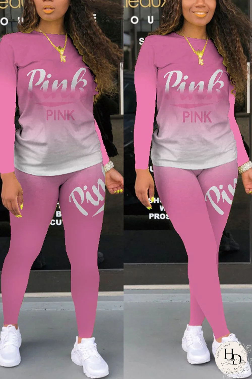 Red Casual Print Letter O Neck Long Sleeve Two Pieces