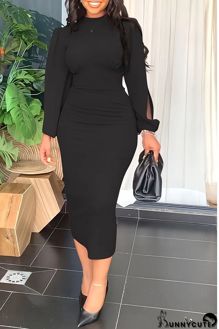 Black Fashion Work Solid Hollowed Out Patchwork O Neck One Step Skirt Dresses