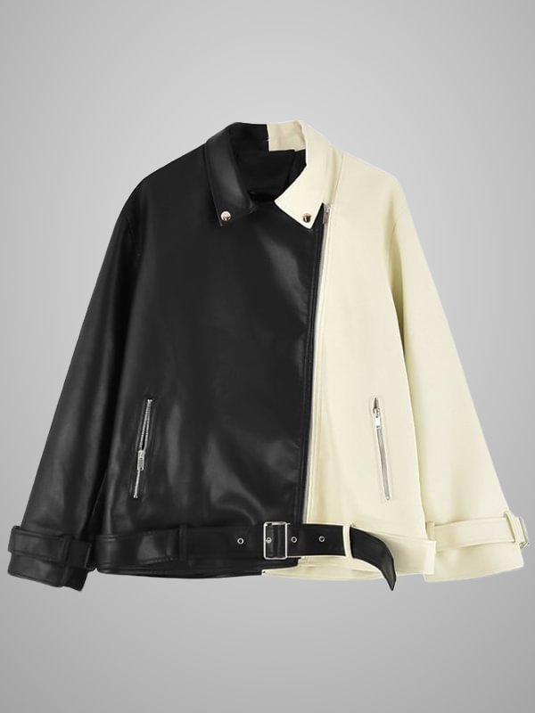 Gothic Dark Motor Style Paneled Color-block Loose PU Jacket