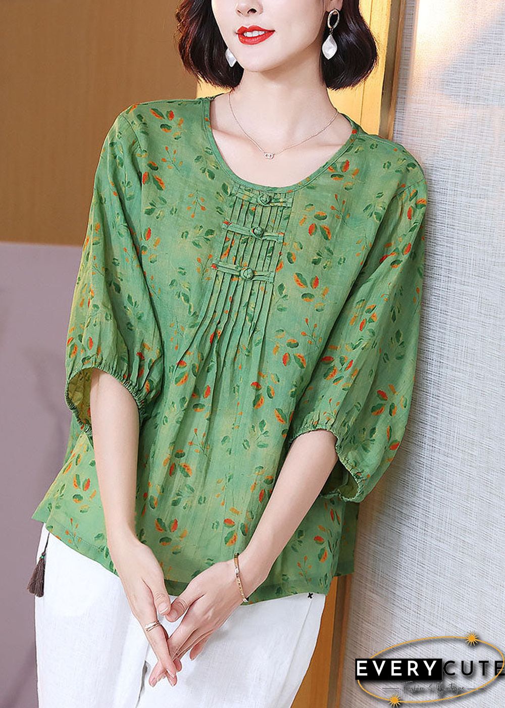 Chic Green O Neck Print Wrinkled Patchwork Linen T Shirt Tops Summer