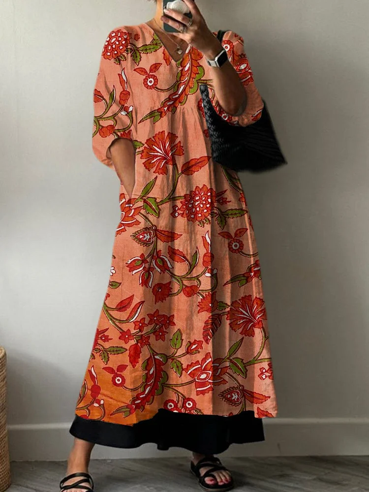 Women's  Boho Retro Print Pocket V-neck Cotton Dress