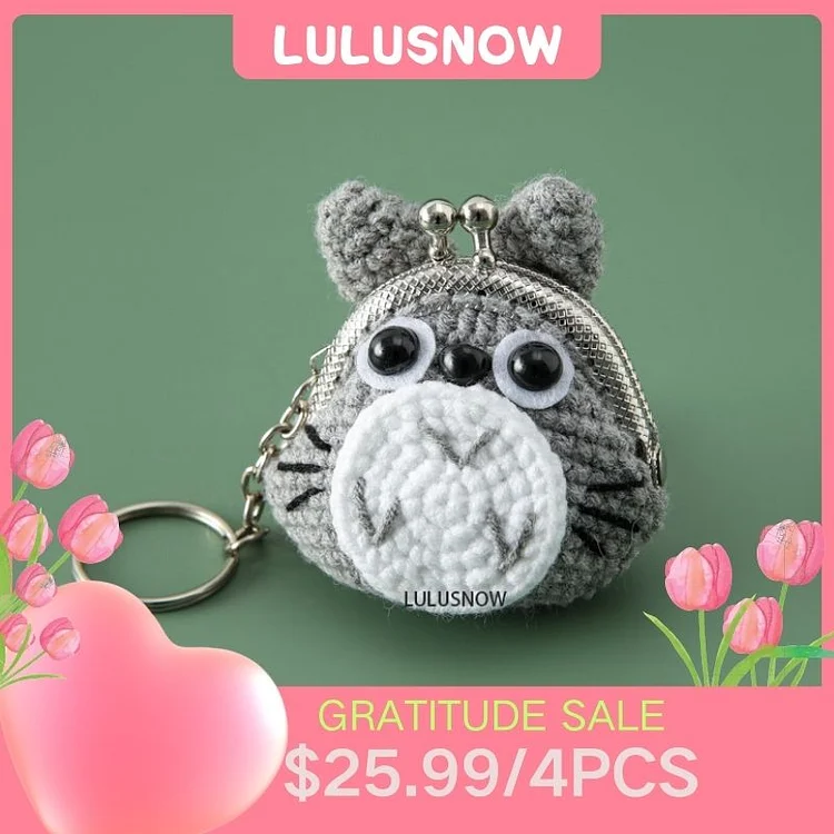 Lulusnow Handmade Grey Chinchilla ANIMAL CARTOON Crochet Coin Purse Keychain Bag Pendant Gift for Her/Friend/Kids/Christmas/Easter