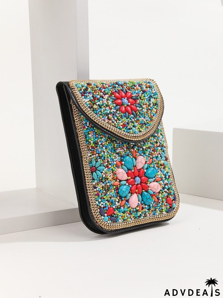 Colorblock Contrast Binding Beaded Decor Flap Square Bag