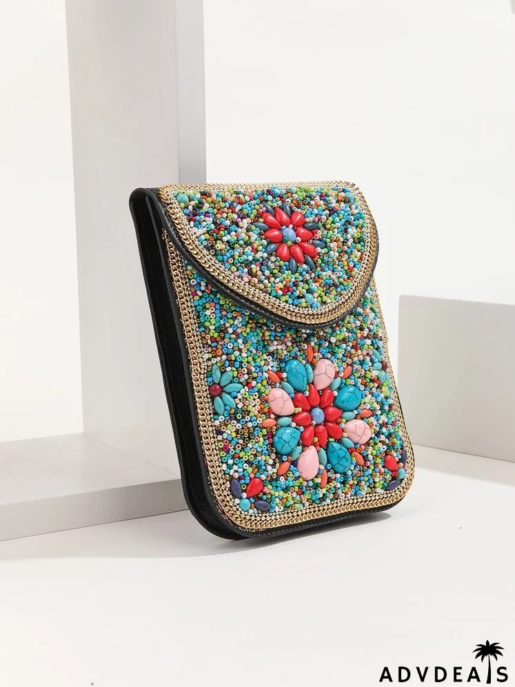 Colorblock Contrast Binding Beaded Decor Flap Square Bag