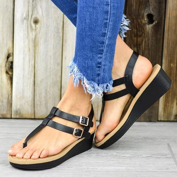Adjustable Buckle T-Strap Wedge Sandals