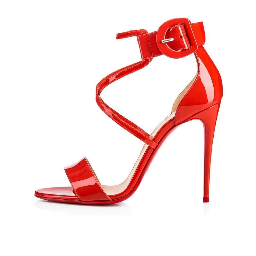 100mm Women's Red Bottom Open Toe Sandals Ankle Strap High Heel Patent Summer Party Wedding Shoes-MERUMOTE