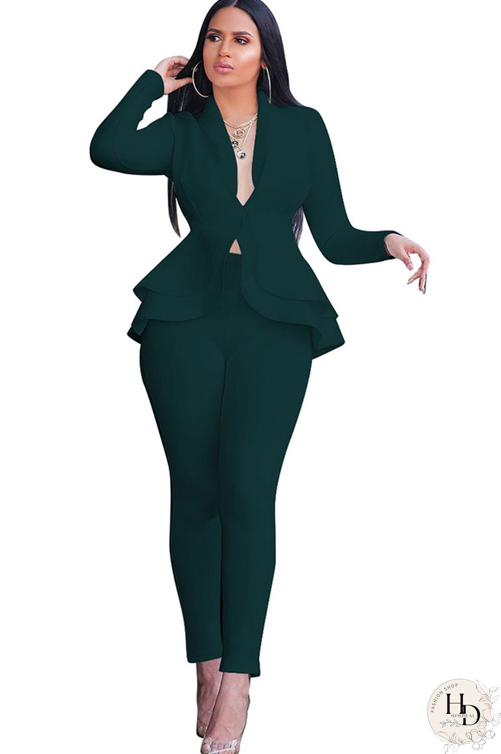 Black Casual Two Piece Suits Patchwork ruffle Solid pencil Long Sleeve