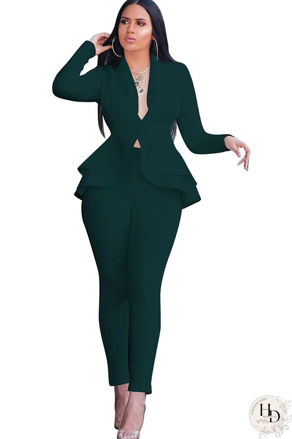 Black Casual Two Piece Suits Patchwork ruffle Solid pencil Long Sleeve