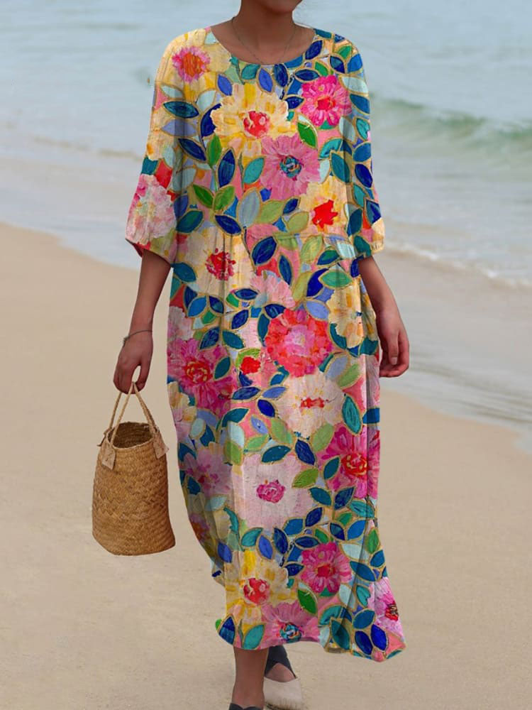 Women's Rose Flower Print Pocket Cotton Dress