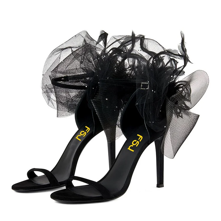 FSJ Black Evening Shoes Mesh Embellished Ankle Strap Sandals |FSJ Shoes