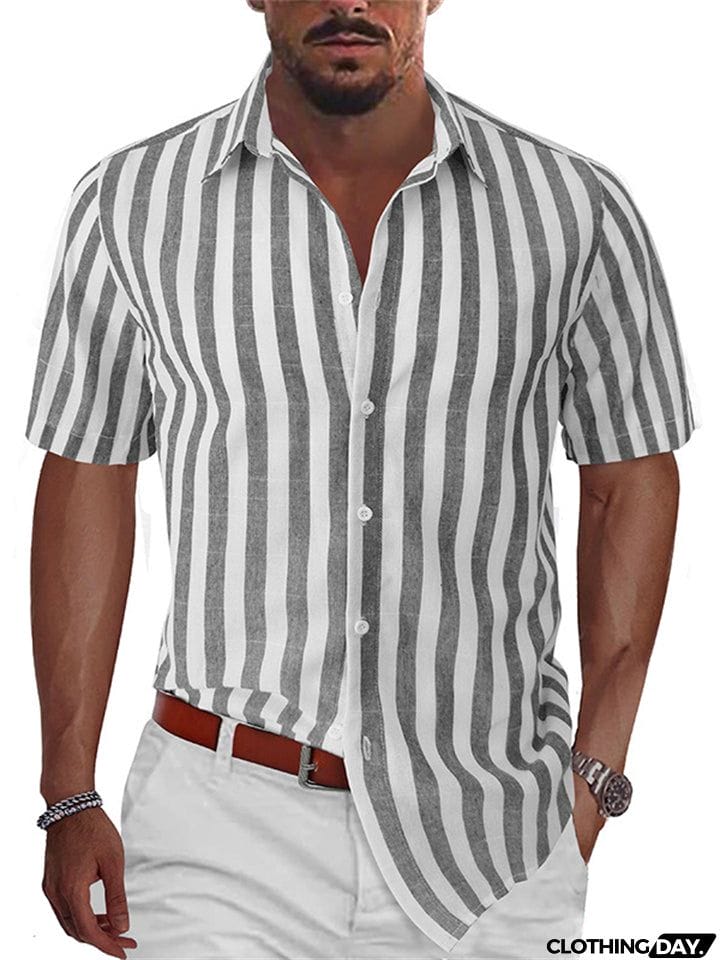 Men's Summer Classic Stripe Lapel Short Sleeve Button Beach Shirts