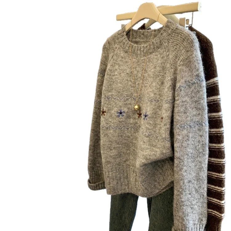 Athvotar Athvotar Horn Buckle Sweater Cardigan Women's Autumn And Winter Korean Loose Lazy Wind Embroidered Jakore Knitwear Coat