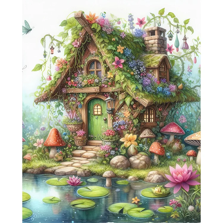 Pond Cottage·House Construction 40*50CM (Canvas) Full Round Drill Diamond Painting gbfke