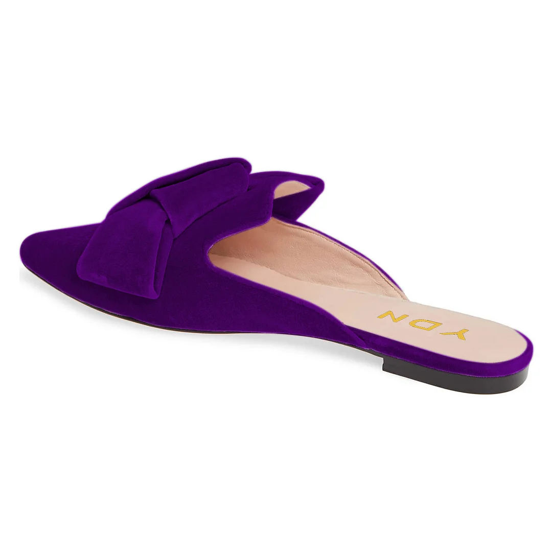 Purple Velvet Flat Pointed Toe Slip-On Knot Mule Shoes for Women