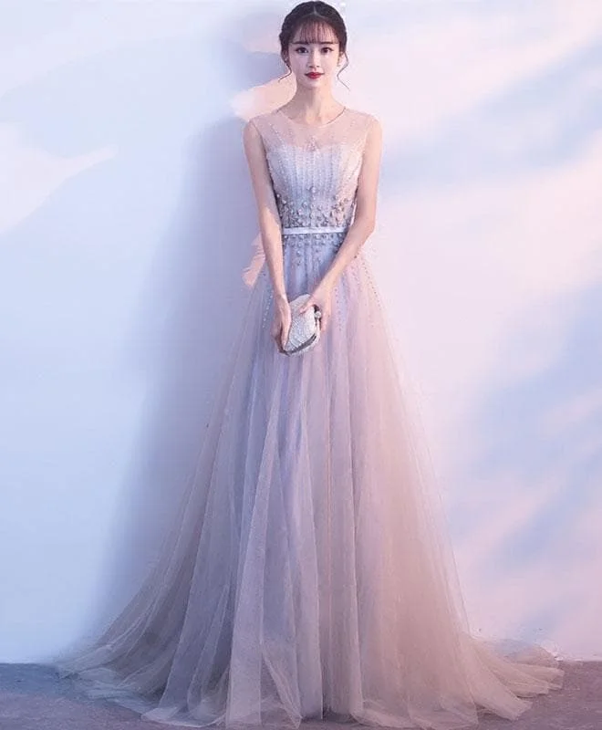 Gray Round Neck Tulle Long Prom Dress, Gray Evening Dress