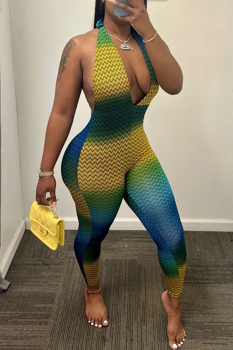 Fashion Sexy Print Backless Halter Skinny Jumpsuits
