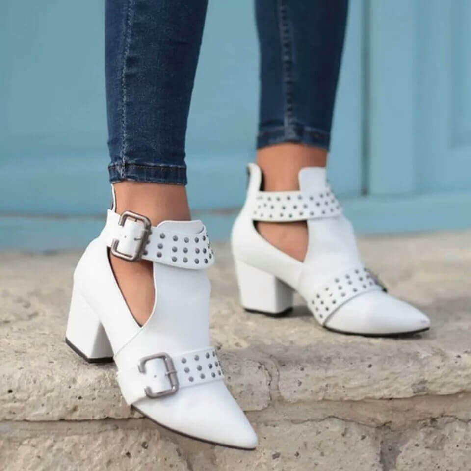 GOOSHOE Leather Buckle Rivet Chunky Heel Ankle Boots