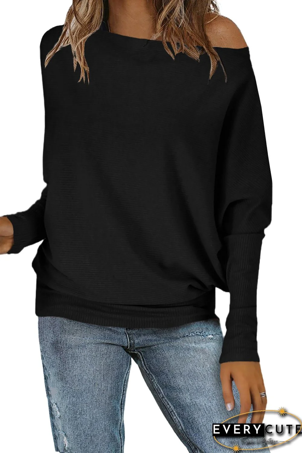 Black Off Shoulder Ribbed Texture Raglan Long Sleeve Top