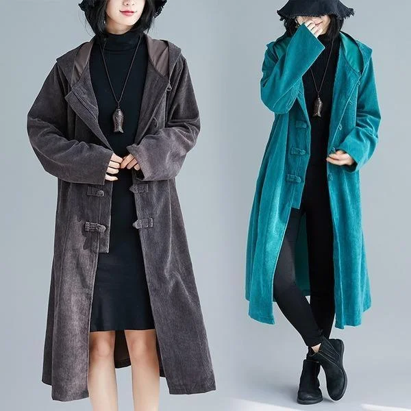 corduroy plus size solid vintage hooded casual loose long autumn winter trench coat
