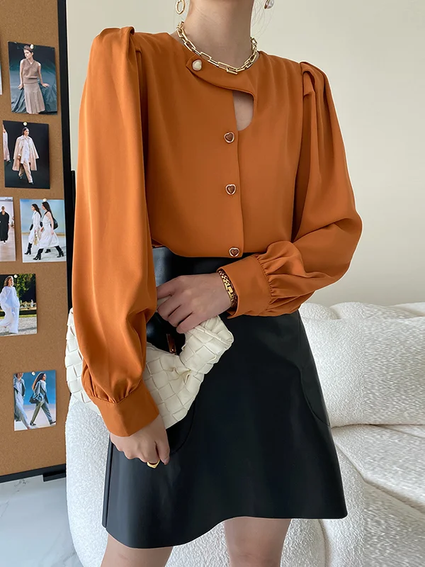 Urban Puff Sleeves Hollow Solid Color Round-Neck Blouses